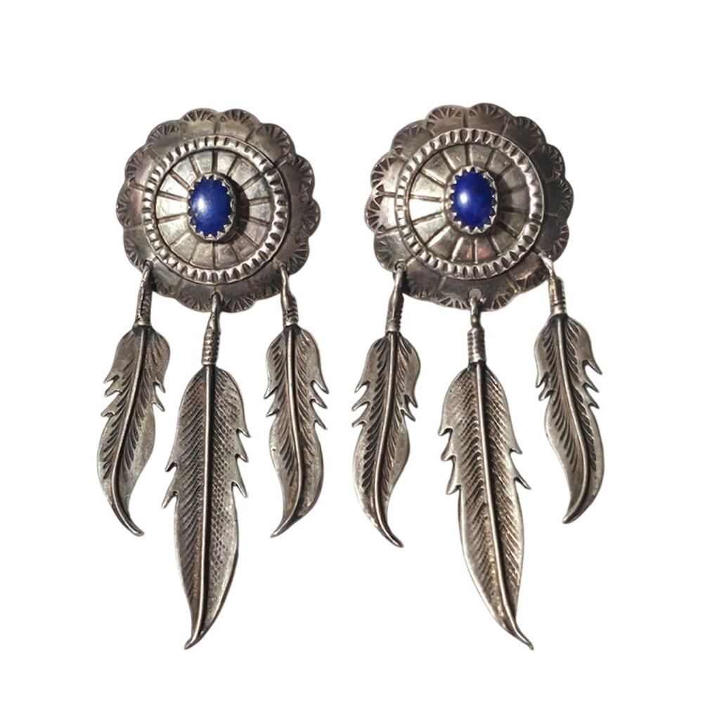 Vintage Navajo Sterling Silver Lapis Lazuli Concho Feather Dangle Earrings